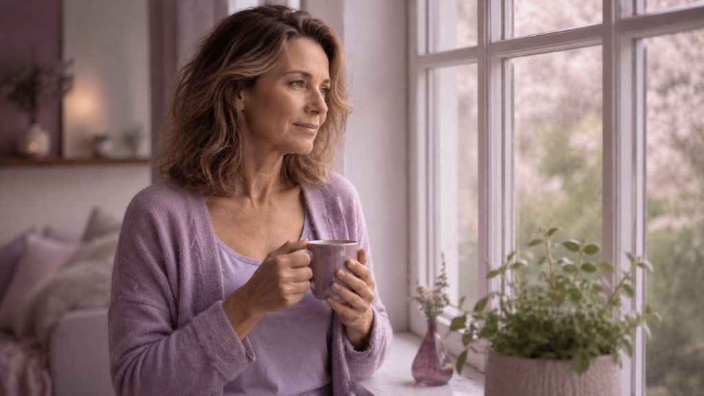 Thoughtful woman in her late forties holding a mug by a bright window in soft morning light