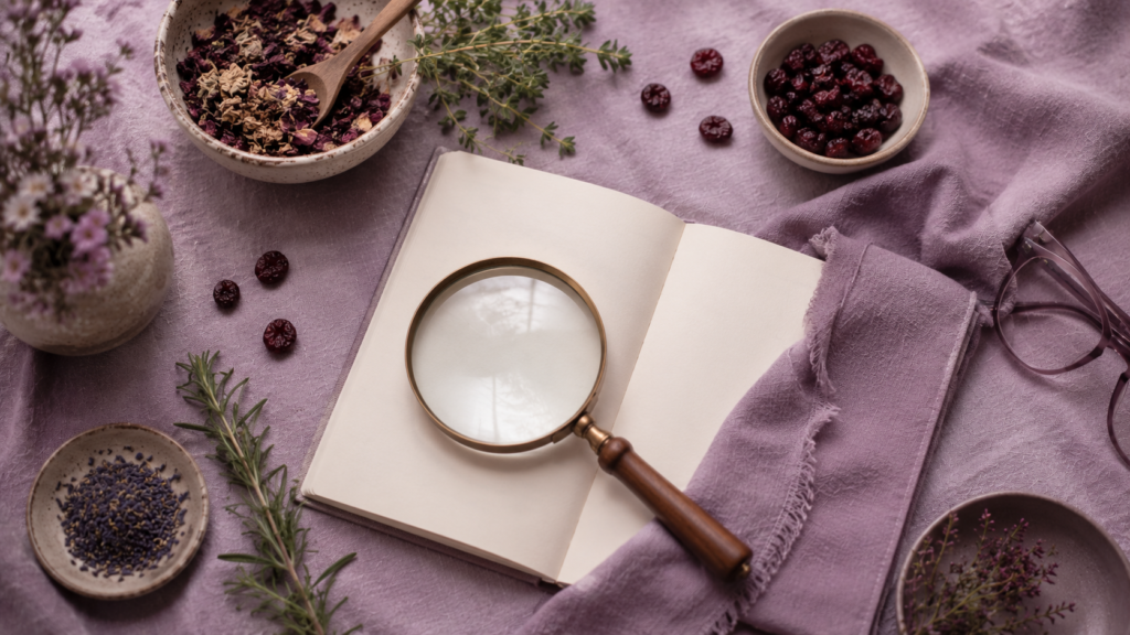 Overhead flatlay of a magnifying glass on an open notebook with cranberries and dried botanicals