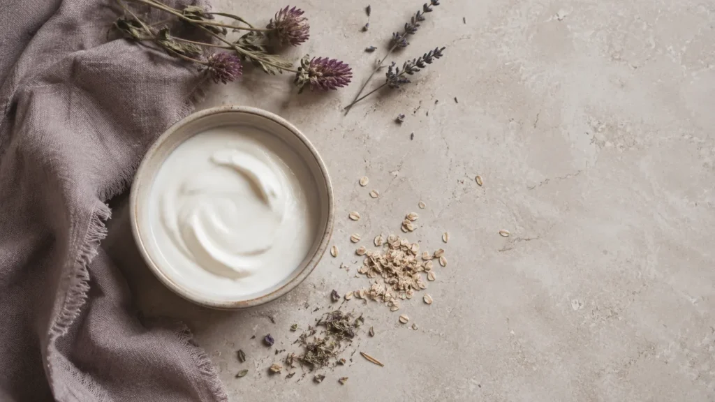 Overhead still life of a bowl of plain yoghurt, dried botanicals and linen on pale stone