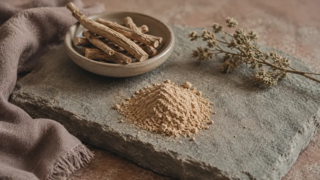 Dried ashwagandha roots and loose root powder arranged on a grey stone slab