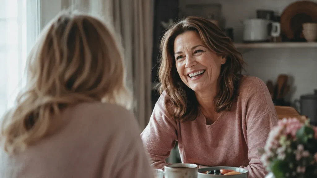 Two women in their fifties talking and laughing across a sunlit kitchen table