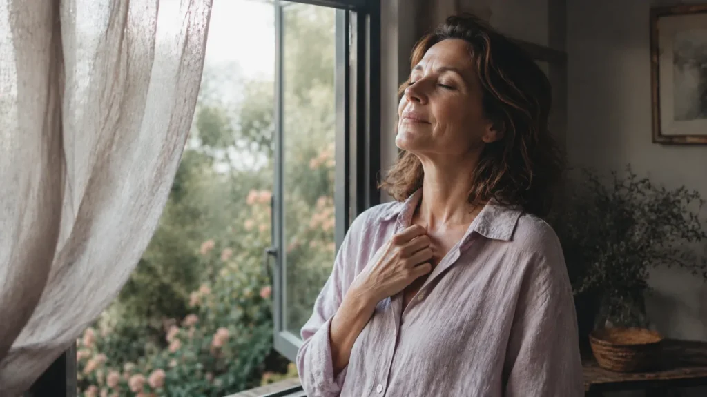 Woman standing beside an open window with a hand at her collar, taking a slow breath