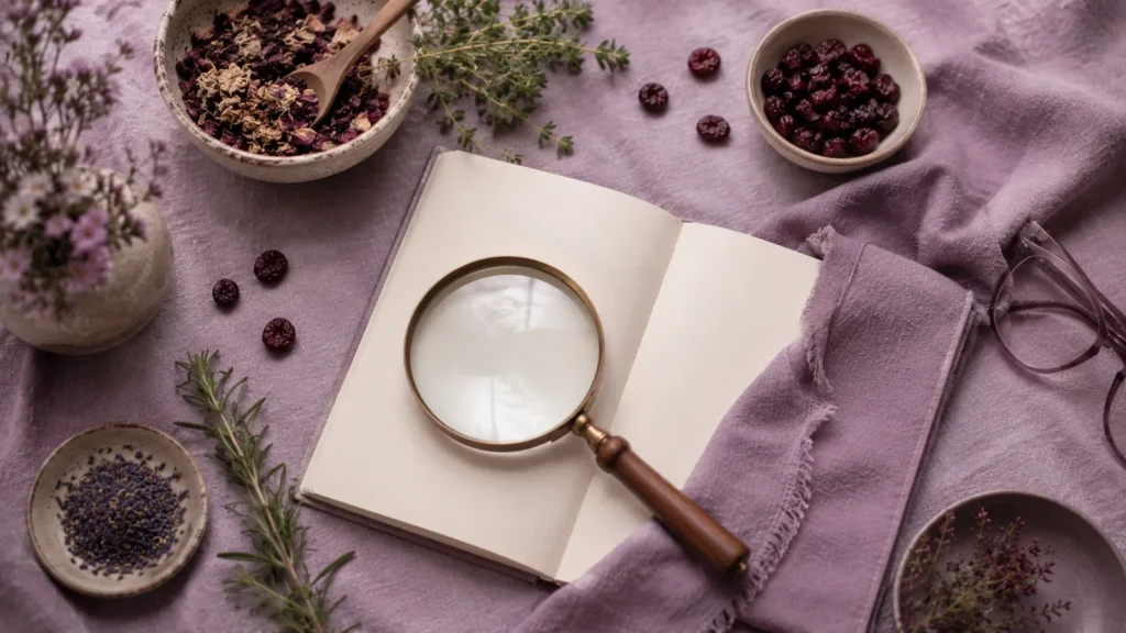 Overhead flatlay of a magnifying glass on an open notebook with cranberries and dried botanicals