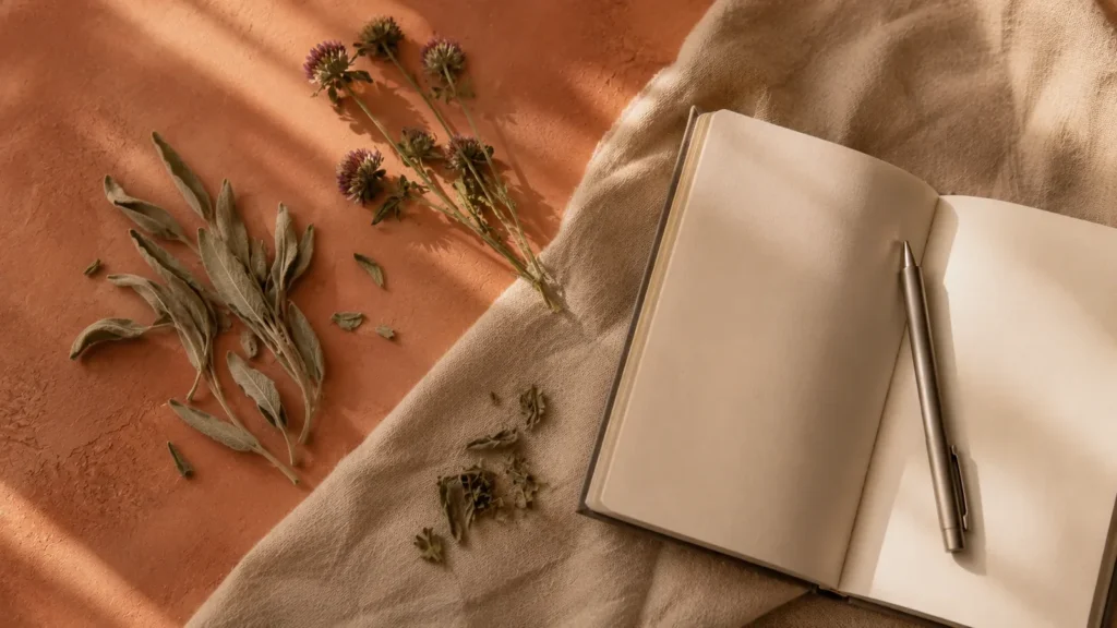 Dried sage leaves, red clover sprigs and loose green tea leaves scattered on a terracotta surface beside an open blank notebook and a pen.