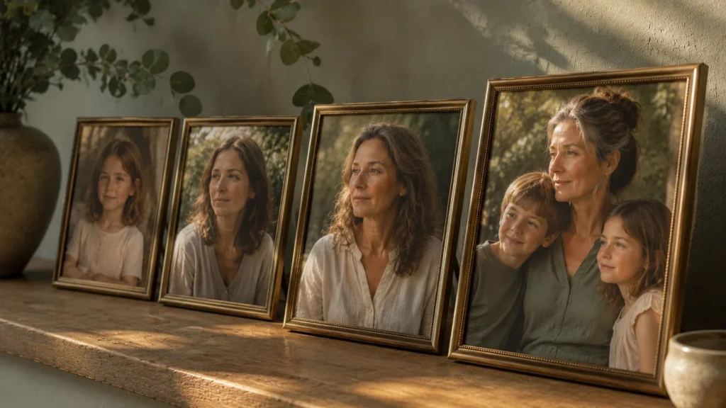 Four gold-framed photographs of the same woman at different ages lined up along a wooden ledge in late afternoon light