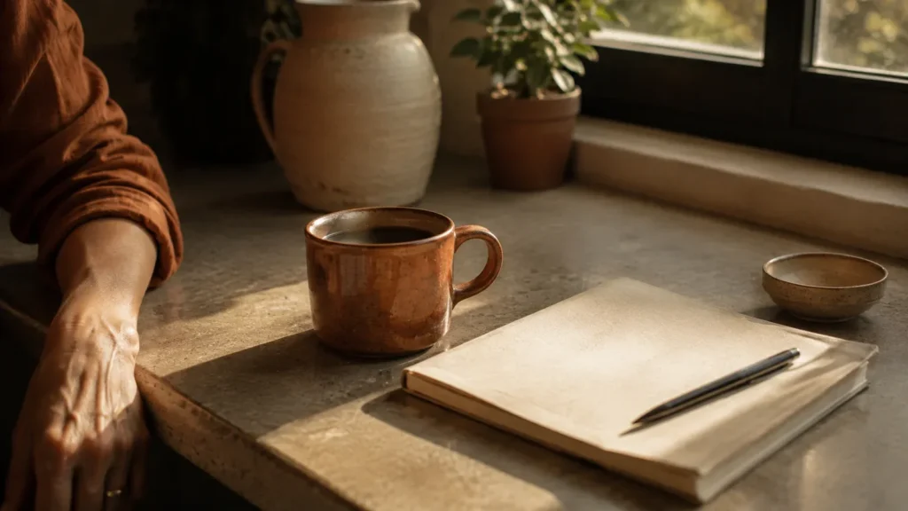 A half-finished cup of coffee gone cold on a stone kitchen counter beside a closed notebook and pen, a woman’s hand resting at the edge of the frame
