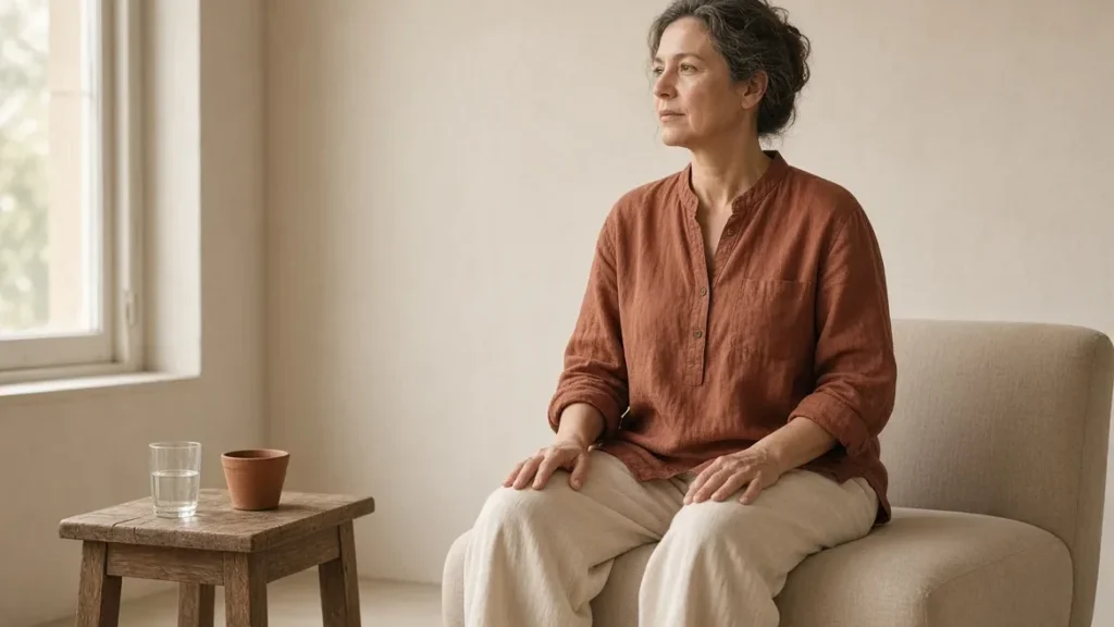 Woman in her fifties in a rust linen shirt sitting on a low armchair beside a bright window, hands resting on her knees, a glass of water and a small terracotta pot on a side table nearby
