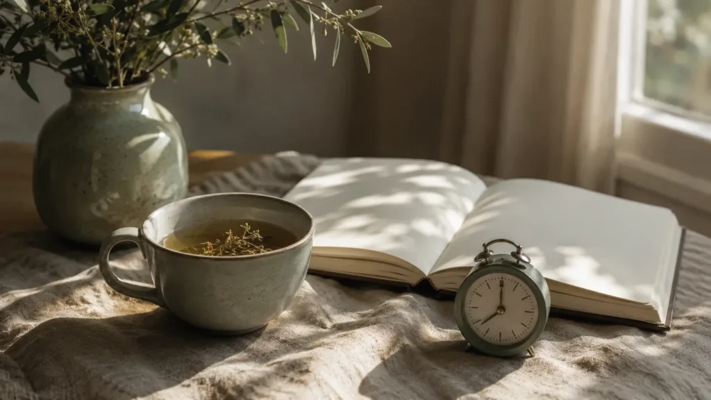 Sage-green still life in window light: a ceramic cup of herbal tea, an open blank notebook and a small green analogue alarm clock on a linen cloth, with olive branches in a vase behind.