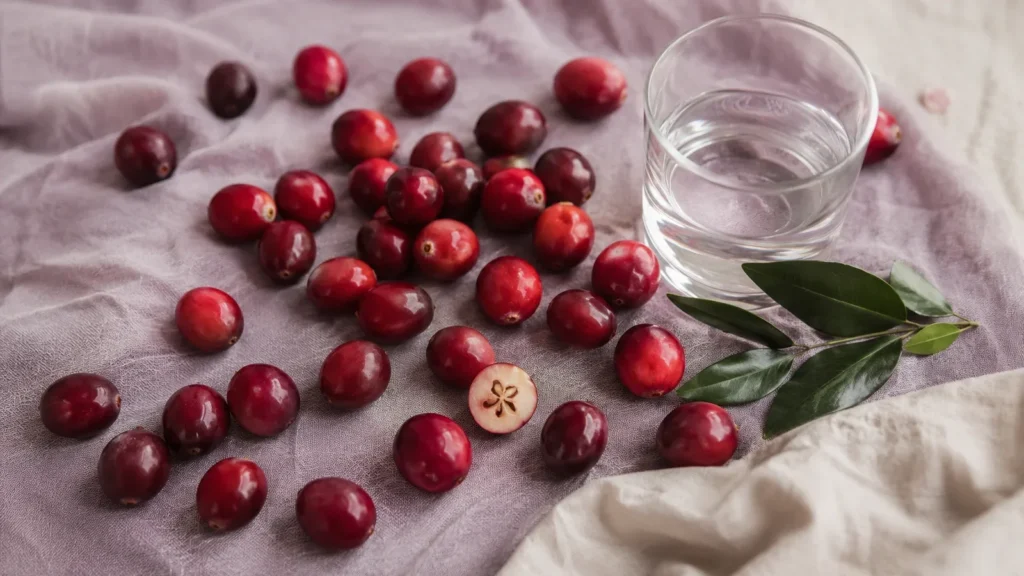 Overhead flatlay of fresh cranberries scattered on soft lilac linen beside a small glass of water