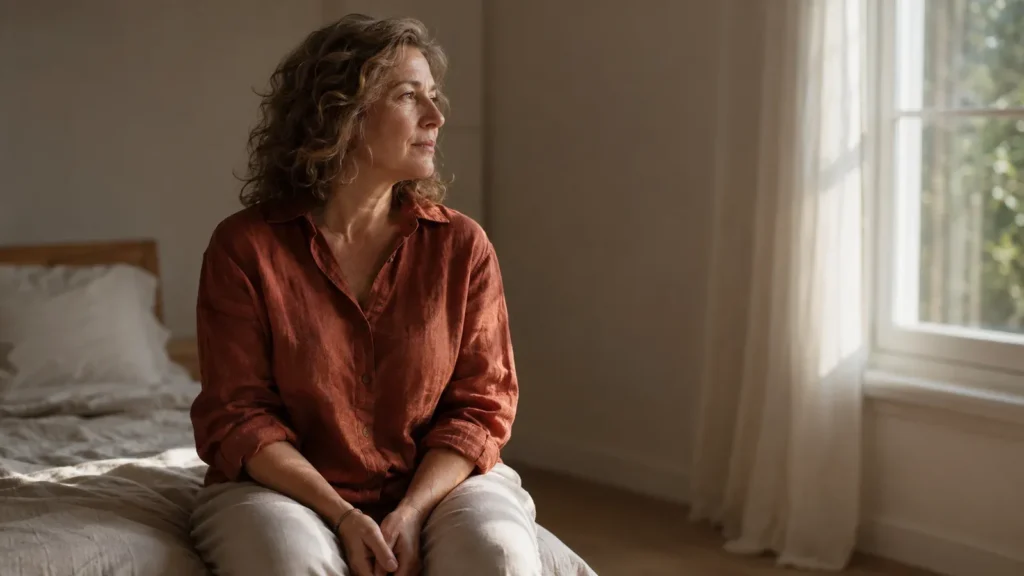 Woman in her early fifties in a rust linen shirt sitting on the edge of a bed in soft morning light, looking towards a bright window with her hands resting in her lap.