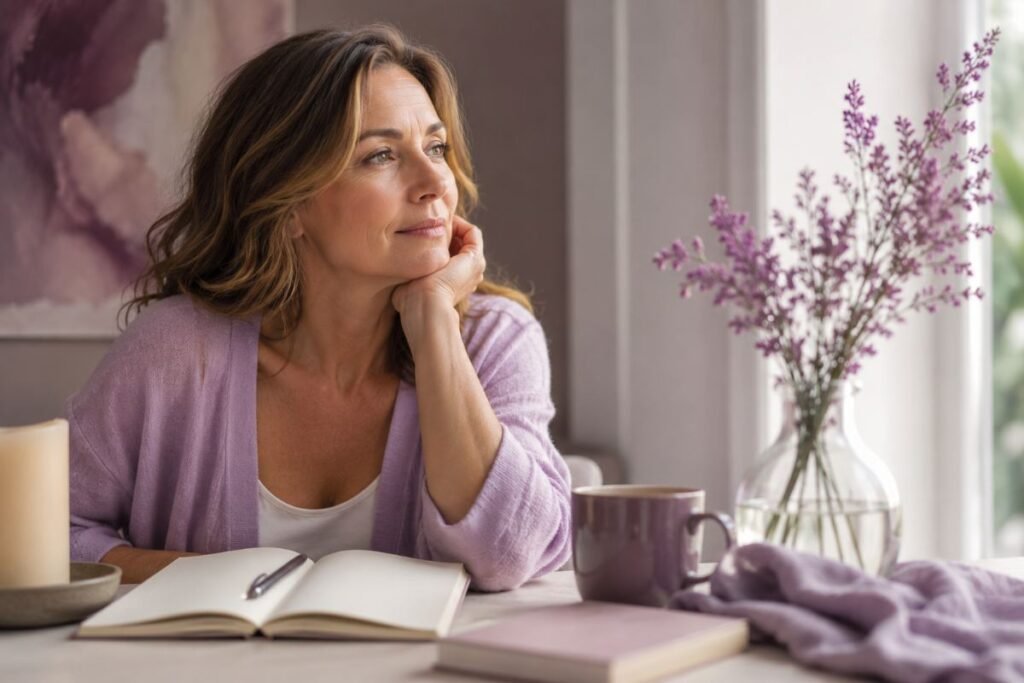 Woman in a lilac cardigan resting her chin on her hand beside a vase of lavender