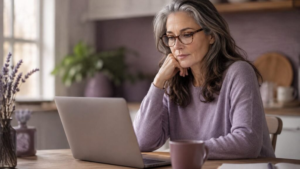 Woman around 50 wearing glasses researching on a laptop at her kitchen table with a cup of tea