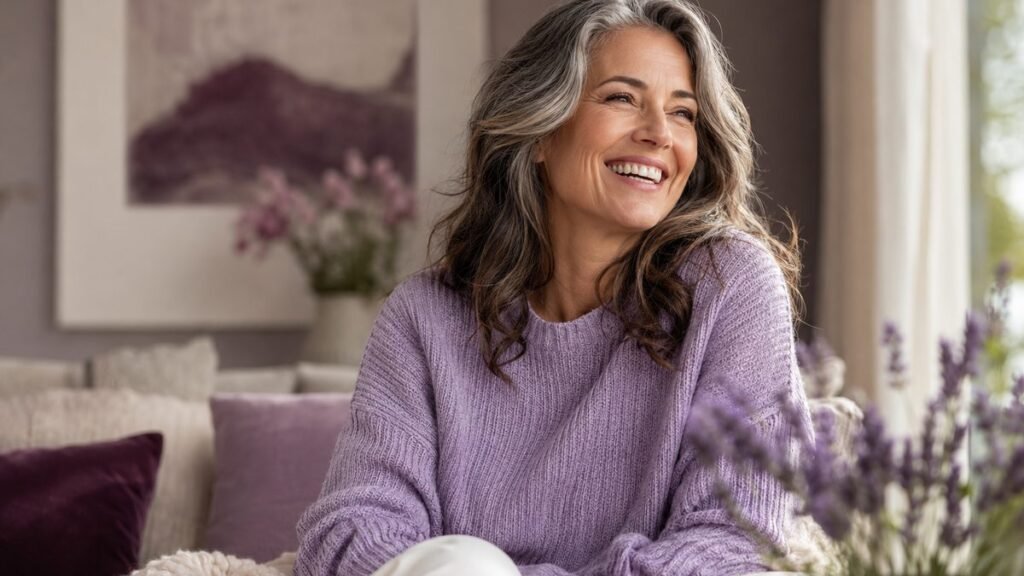 Smiling woman in her late 40s with silver-streaked hair sitting in a lavender-toned living room