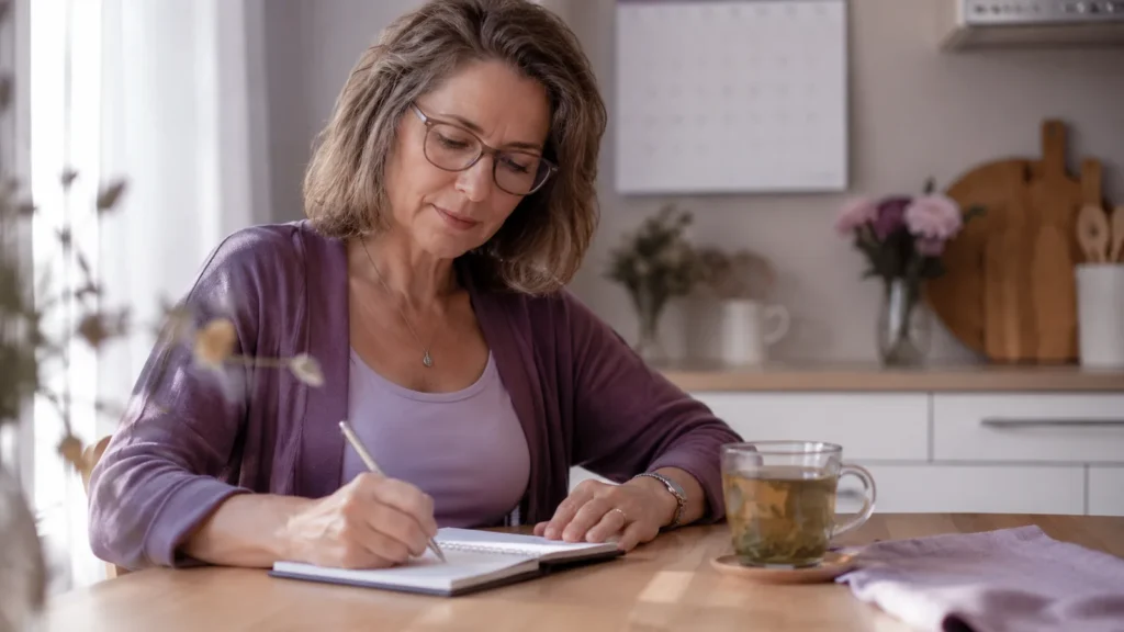 Woman in her early fifties writing in a notebook at a kitchen table in morning light, tracking her symptoms