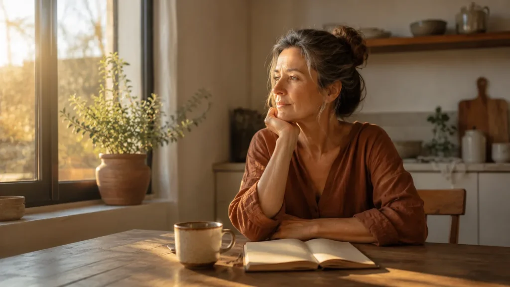 Woman in her fifties in a rust linen shirt sitting at a kitchen table with a mug and an open notebook, looking out of the window in thought