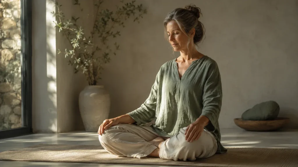 Woman in her fifties sitting cross-legged on a mat beside a sunlit window in a sage linen shirt, eyes closed, hands resting on her knees