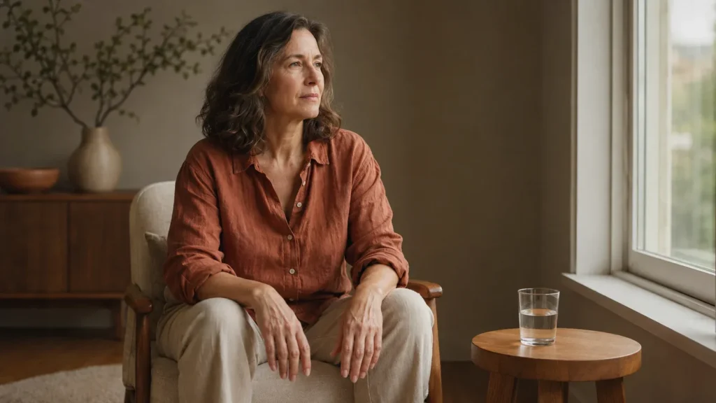 Woman in her early fifties in a rust linen shirt sitting in an armchair by a bright window, hands resting on her knees, with a glass of water on a small wooden side table.