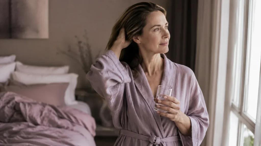 Woman in her mid-forties by a bright bedroom window in the morning, holding a glass of water and lifting her hair off her neck