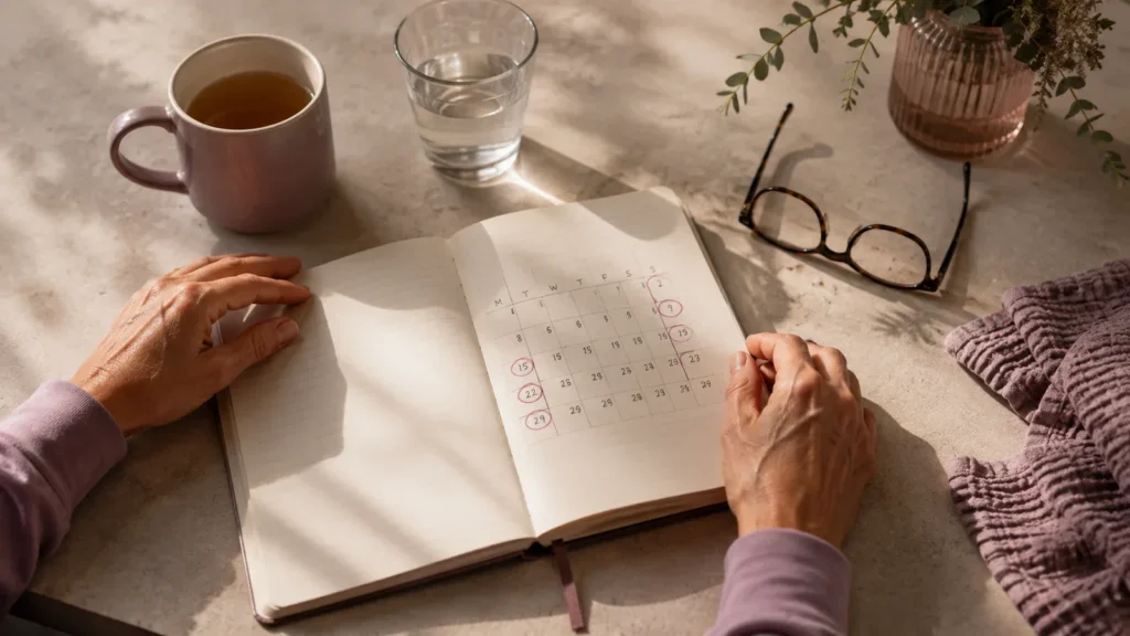 Overhead view of a woman's hands resting on an open notebook with dates circled on a calendar page, beside a mug of tea, a glass of water and reading glasses
