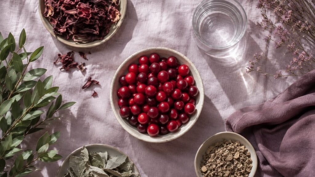 Overhead flatlay of cranberries, dried herbs and a glass of water on pale mauve linen