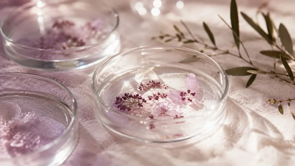 Still life of glass petri dishes with delicate botanical fragments in soft mauve light