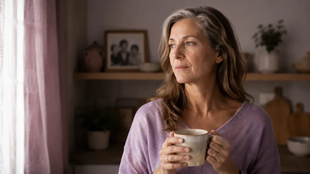 Woman in her fifties in a lilac jumper holding a mug by a window, an old framed family photograph on the shelf behind her