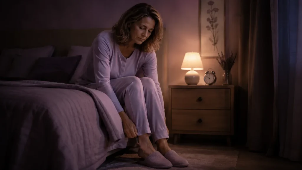 Woman in her fifties sitting on the edge of her bed at night beside a warm bedside lamp