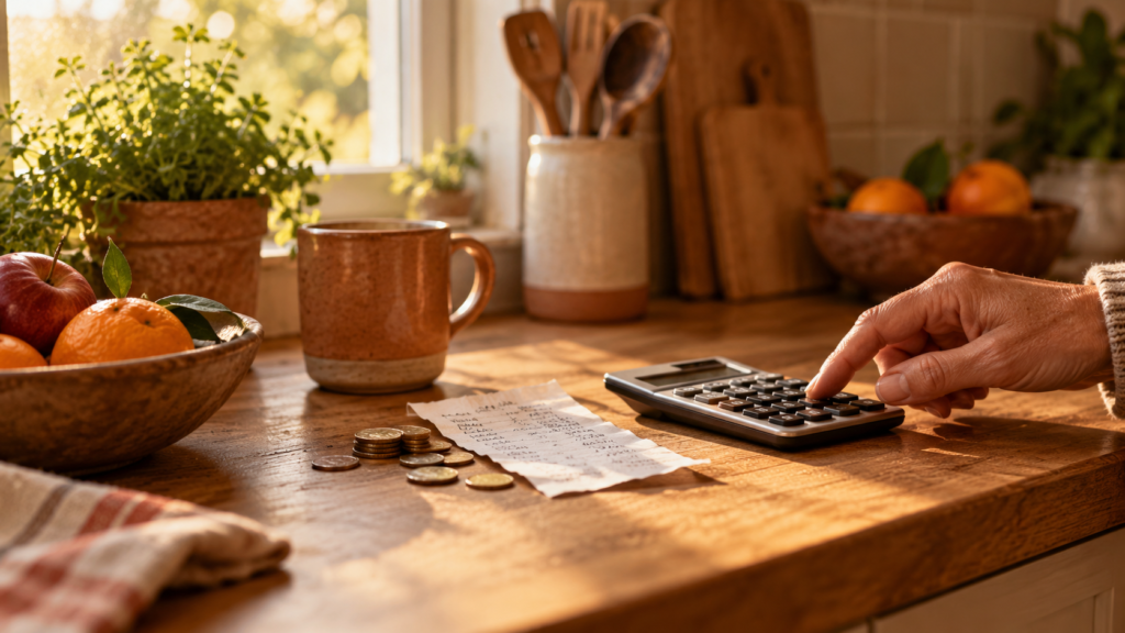 A hand doing the maths at a kitchen counter with a receipt, coins and a calculator, terracotta tones
