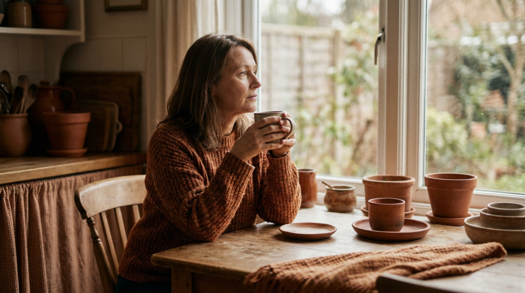 A woman in her fifties sits at a kitchen table by a window, holding a mug, in warm terracotta tones