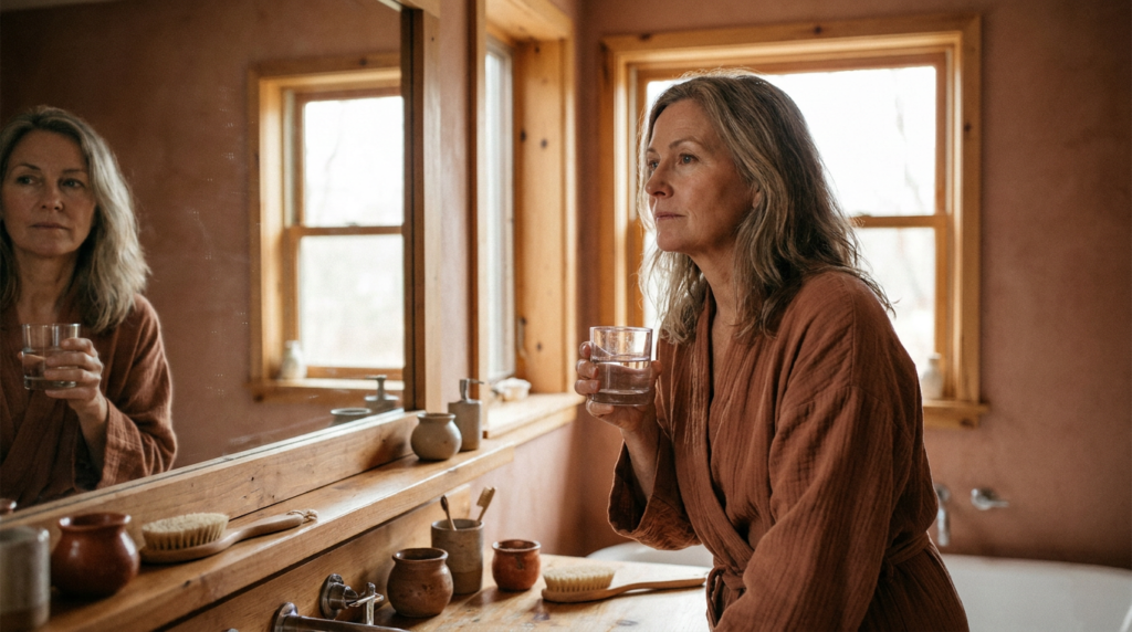 A woman in her fifties at her bathroom counter in the morning, holding a glass of water, in warm terracotta tones