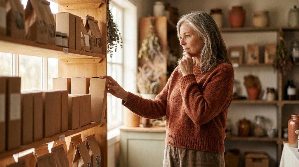 A woman in her fifties browses a drugstore shelf, in warm terracotta tones