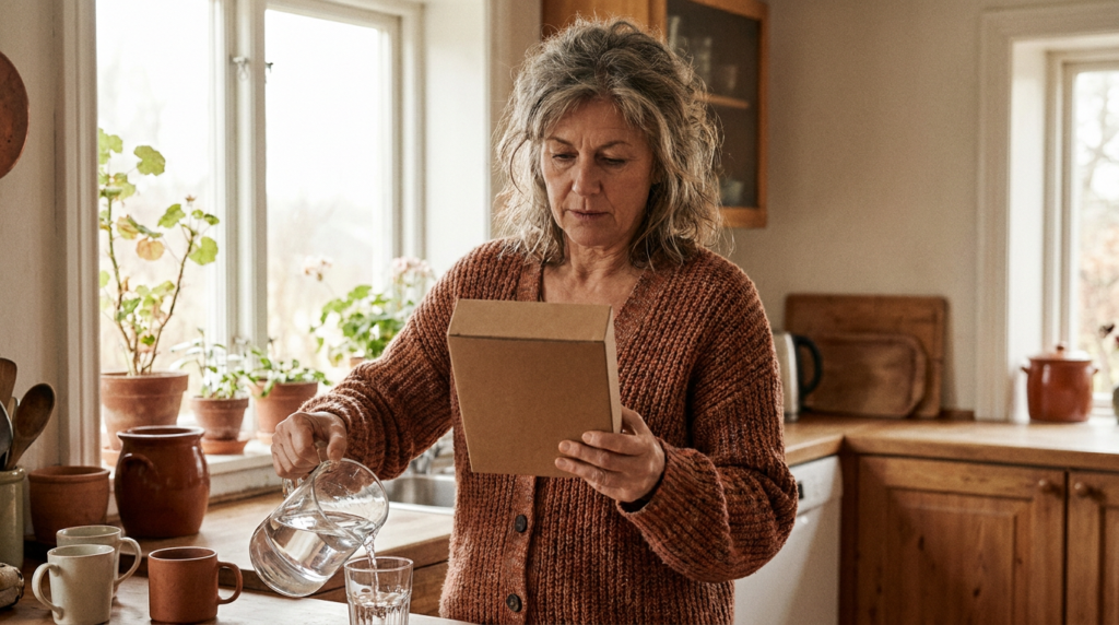 A woman in her fifties reads the back of a box in her kitchen while pouring a glass of water, in warm terracotta tones
