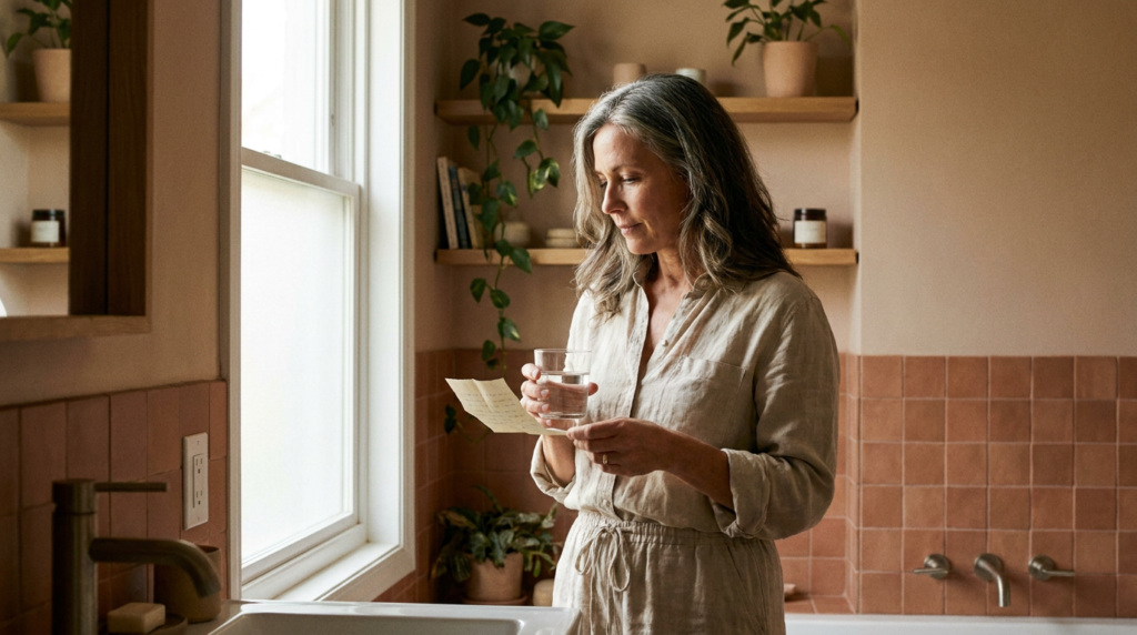 A woman in her early 50s in a warm-lit bathroom holding a glass of water and reading a note, terracotta tones