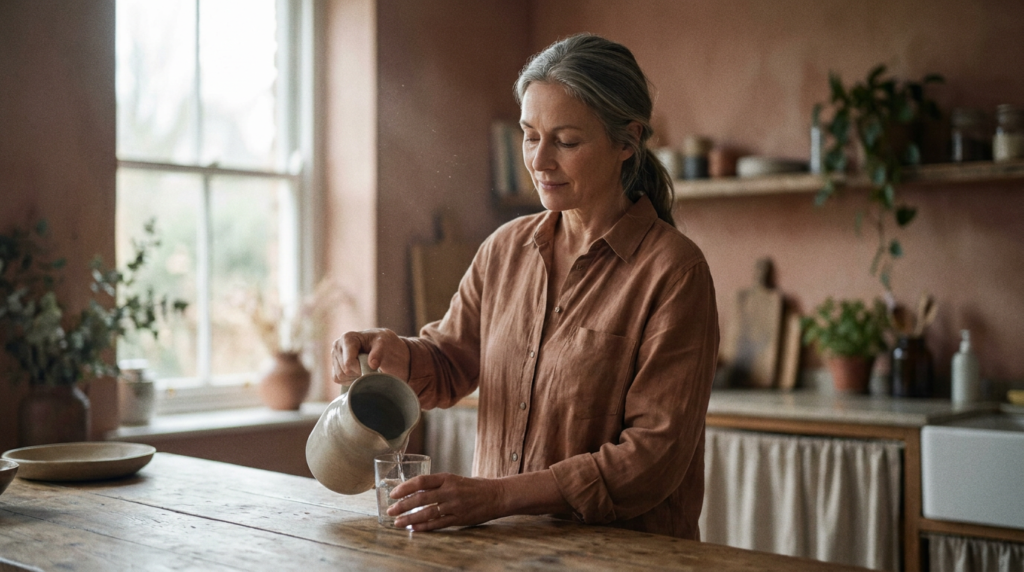 Woman in her late 40s pouring a glass of water at a kitchen counter in warm morning light