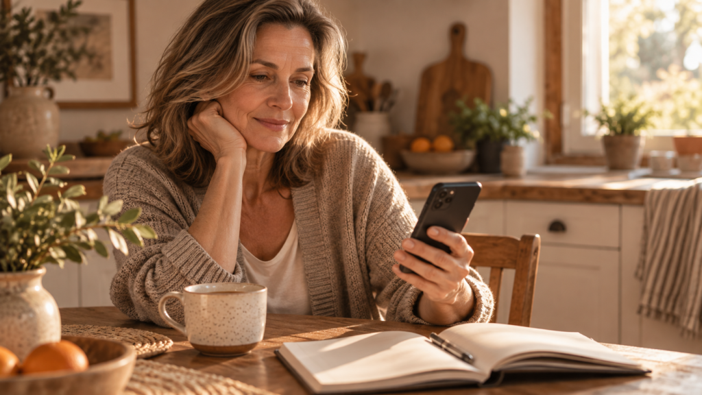 Woman at a kitchen table looking at her phone with a cup of tea and notebook nearby, researching before a purchase
