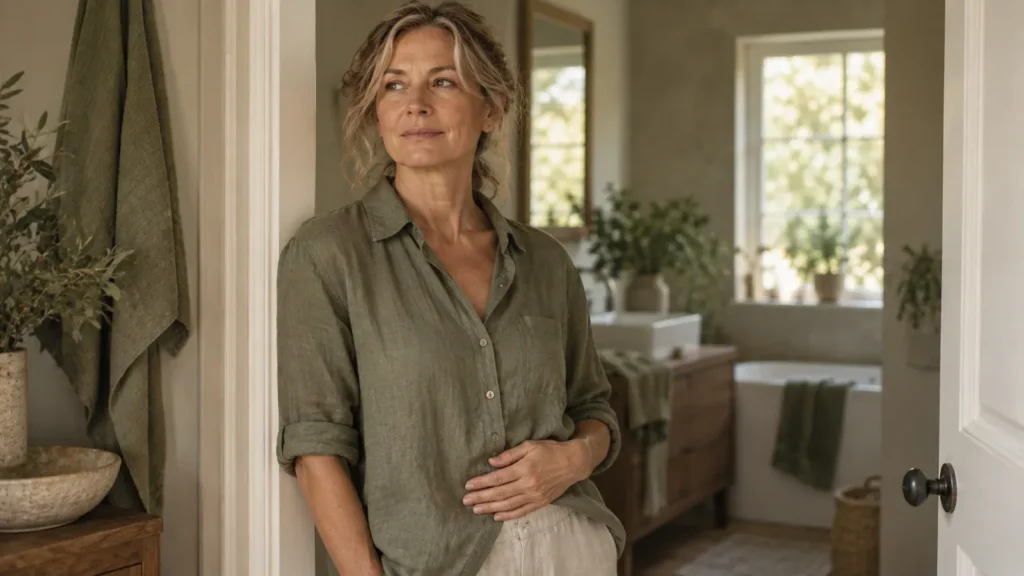 Woman around fifty in a sage-green linen shirt standing calmly in a softly lit bathroom doorway at home, one hand resting lightly on her lower abdomen.