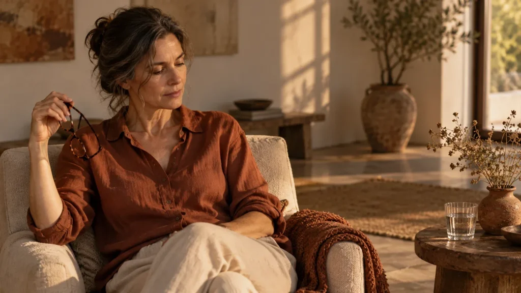 A woman in her fifties sits in a cream armchair in a sunlit room, holding her reading glasses in one hand and looking down in thought, a glass of water on a wooden side table beside her.