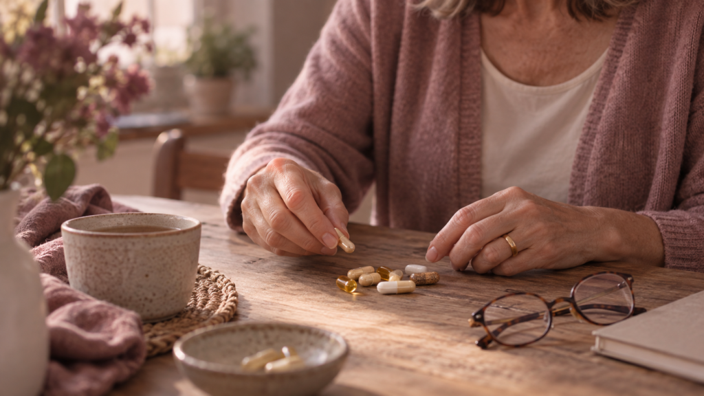A woman in a mauve cardigan sitting at a wooden kitchen table, sorting loose supplement capsules beside a cup of tea and her reading glasses