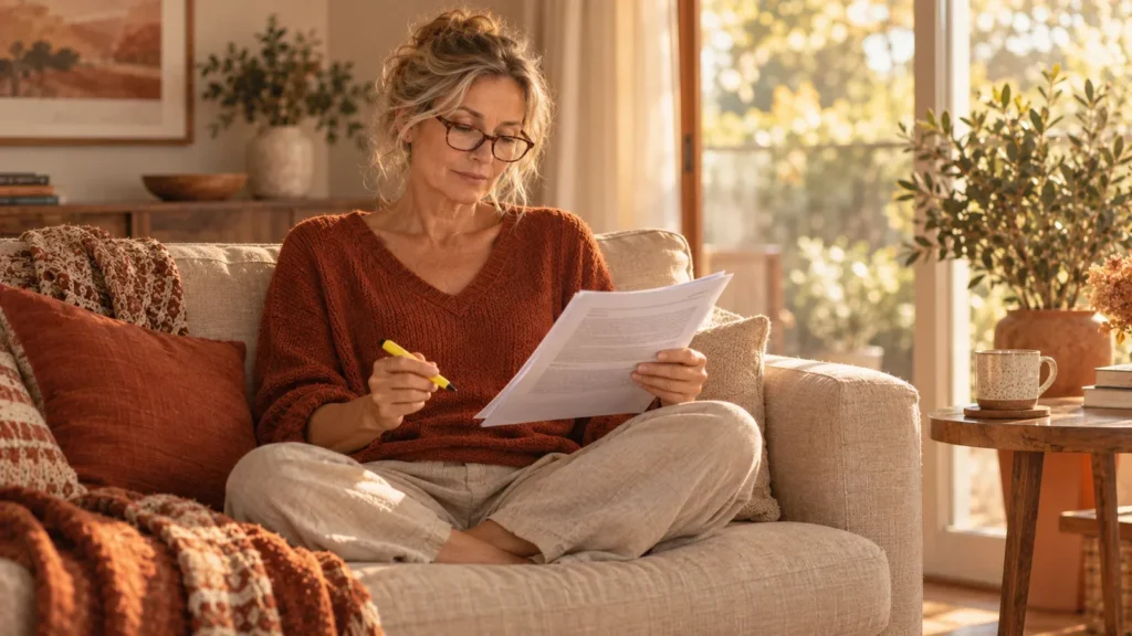 Woman in her fifties sitting cross-legged on a sofa in warm window light, reading printed pages of a research article with a yellow highlighter, glasses on, a mug on the side table.