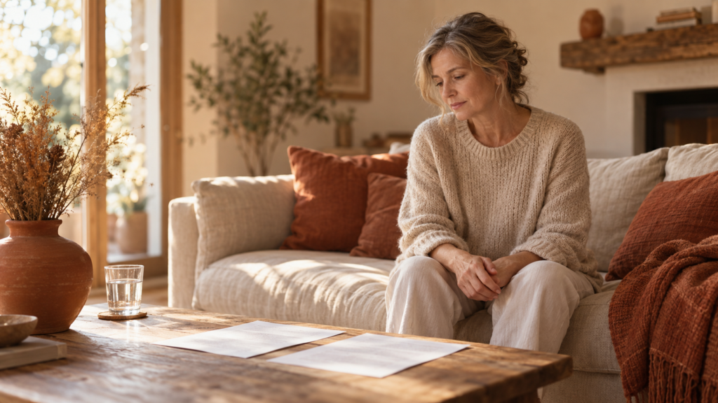 Woman in her fifties in an oatmeal knit sweater sitting on a linen sofa with her hands clasped, looking down at two printed pages on a wooden coffee table beside a glass of water and a terracotta vase of dried grasses