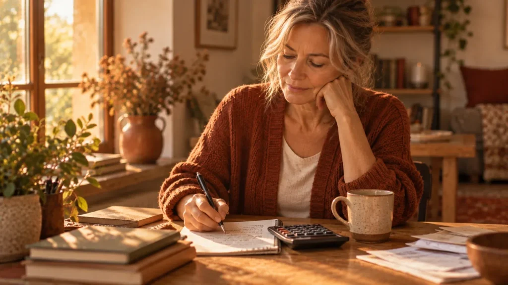 Woman in her fifties in a rust knit cardigan at a sunlit wooden table, writing figures in a notebook beside a calculator, a speckled mug and a small stack of receipts