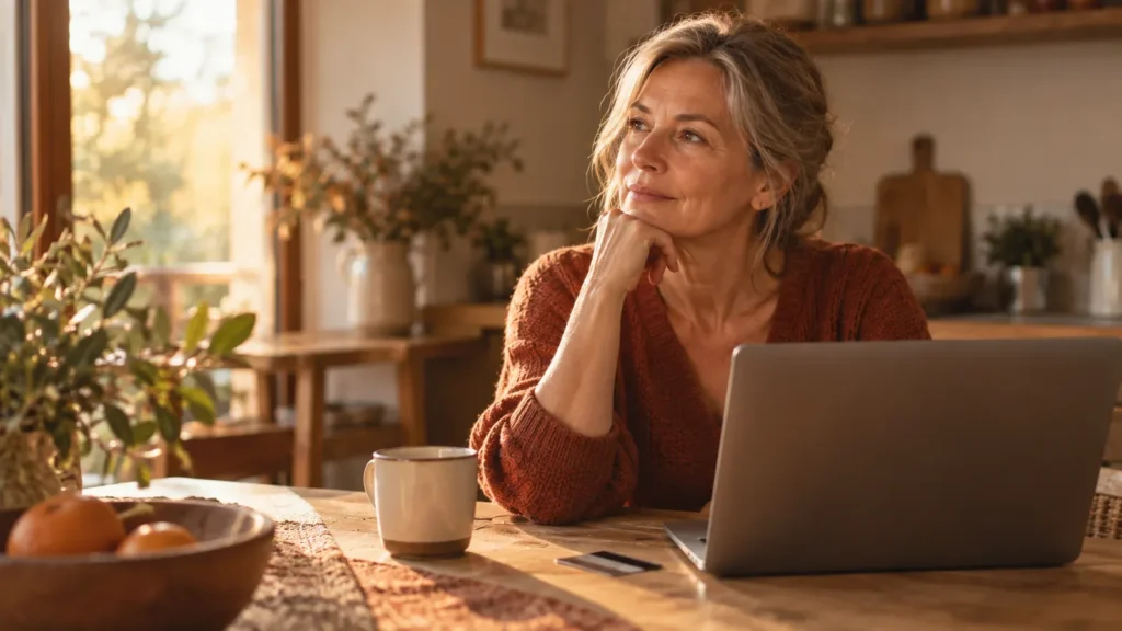 Woman in her mid-fifties at a kitchen table with an open laptop and a mug, chin resting on her hand, looking away in thought in warm afternoon light.