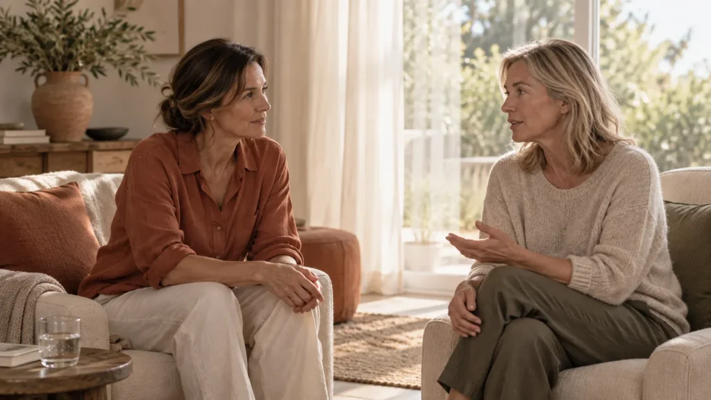 Two women in their fifties sitting across from each other in a bright living room, one in a rust linen shirt listening while the other, in an oatmeal knit, speaks with an open hand gesture.