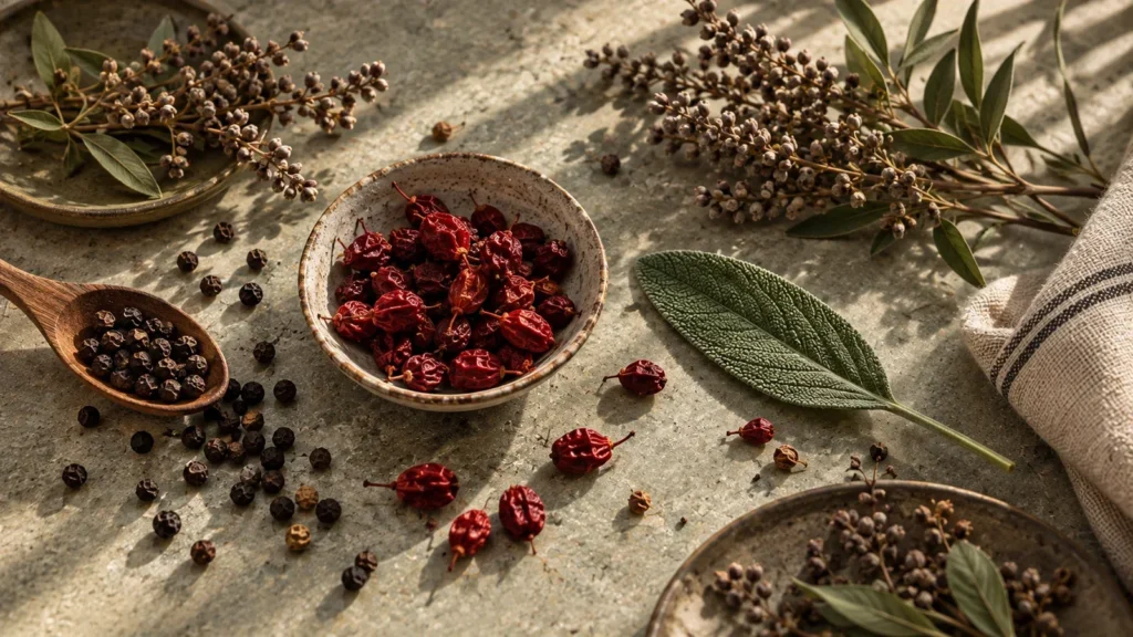 Overhead still life of dried red schisandra berries in a speckled ceramic bowl, black peppercorns on a wooden spoon, dried chasteberry sprigs and a single sage leaf on a pale stone surface beside a fold of linen.