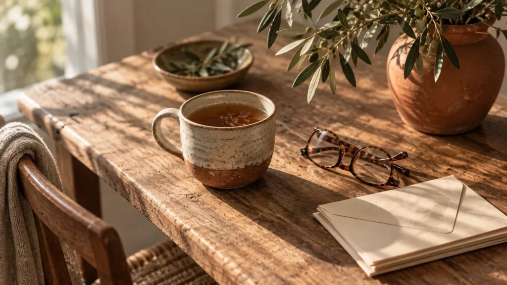 A mug of tea, folded reading glasses and a small stack of plain cream envelopes on a sunlit wooden kitchen table, with a terracotta pot of olive branches behind.
