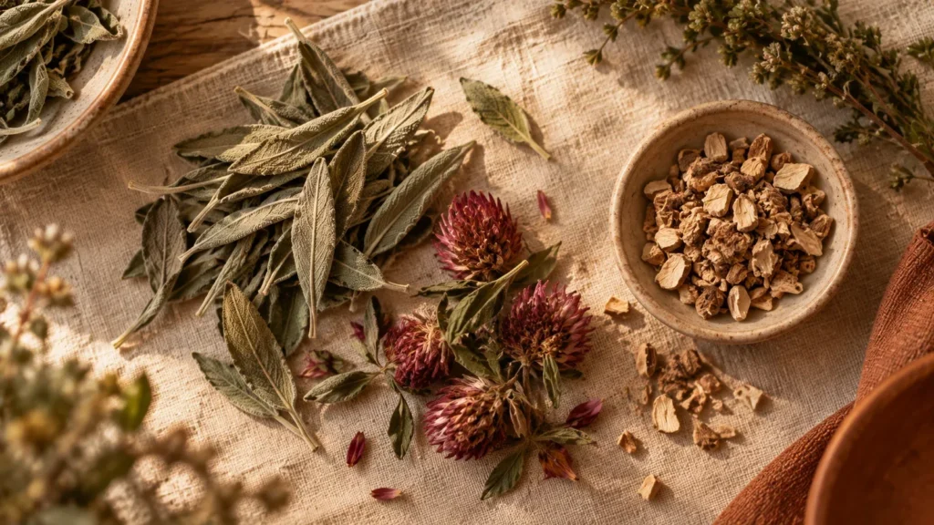 Overhead still life on linen of dried sage leaves, red clover flower heads and a small ceramic dish of dried chopped root in soft window light.