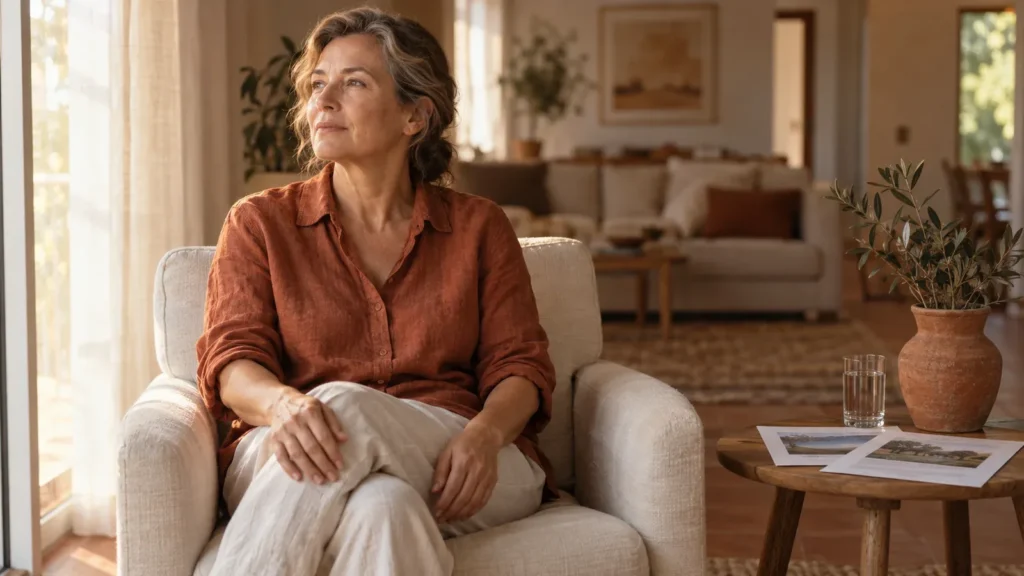 Woman around fifty in a rust linen shirt sitting in a cream armchair by a sunlit window, looking out thoughtfully, with two printed pages and a glass of water on a wooden side table beside her