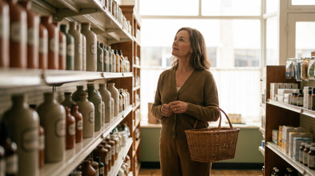 Woman in her 50s browsing a drugstore shelf, considering menopause supplements