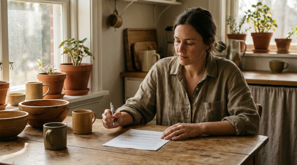 A woman in her fifties sits at a kitchen table reading a printed page, warm terracotta light